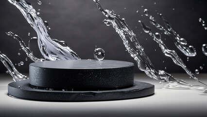 black podium, with water splashes, is a refined pedestal for highlighting beauty. Generative Ai