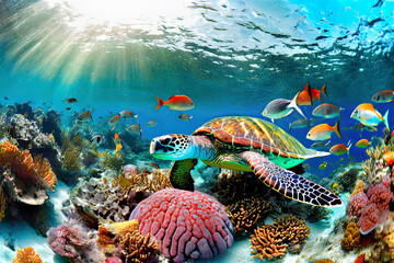 Green sea turtle on coral reef with hard corals and tropical fish, sun rays through blue ocean water