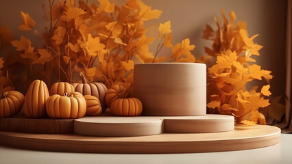 The product podium exudes warmth, draped in autumn hues, providing a cozy backdrop. Generative Ai