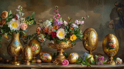 Ornate gilded eggs and floral arrangements for Russian Orthodox Easter