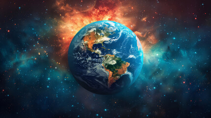 Illustration of planet Earth centered in a vibrant cosmic environment with nebula and starry space.