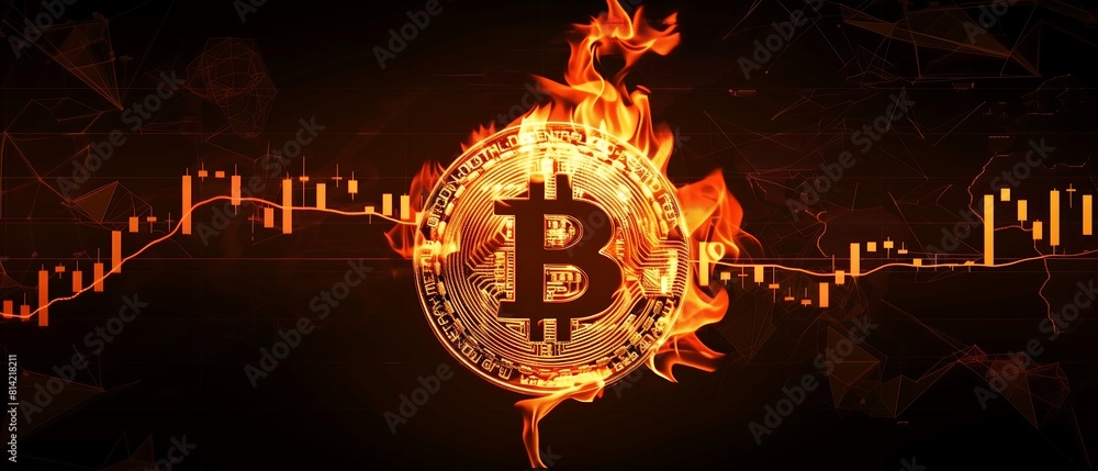 Poster golden bitcoin coin in fire with bull trading stock chart. bitcoin gold and cash lightning blockchai
