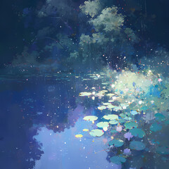 Naklejka na ściany i meble Serene Rainy Night Lotus Pond Watercolor Painting in Blue Tones