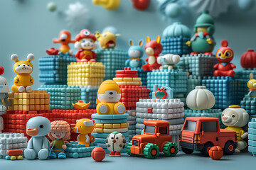 Obraz premium a collection of colorful toys arranged artfully, inviting exploration and sparking imagination in a playful setting