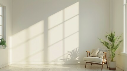 Fototapeta premium Bright living room interior with white empty wall background.