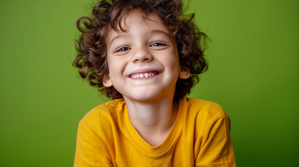 Cheerful Young Boy Smiling Against Green Background