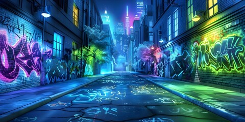 Futuristic cyberpunk city street with neon lights graffiti walls and old buildings. Concept Futuristic Cityscape, Cyberpunk Aesthetics, Neon Lights, Graffiti Walls, Urban Decay