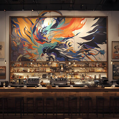 Bright and Lively Pub Setting Featuring Dazzling Abstract Mural on Wall