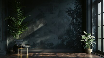 Dark living room interior with black empty wall, 3d render