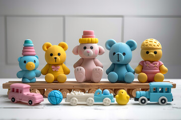 Obraz premium A collection of colorful toys arranged neatly on a pristine white background, offering a diverse range of playtime possibilities and childhood nostalgia