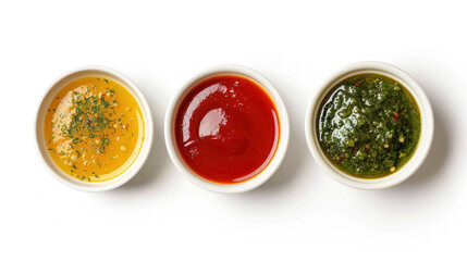 top view of a variety of sauces in a three white bowls
