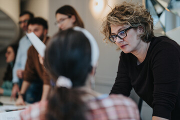 Focused businesswoman listening attentively at team meeting.