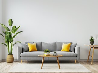 Stylish gray sofa with yellow pillows and a wooden coffee table standing in a modern living room interior with a dining area, plants on a white carpet, an empty wall for a poster mockup, stock photo