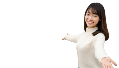 白いセーターを着た若い女性が両手を広げて案内のジェスチャーをしている。