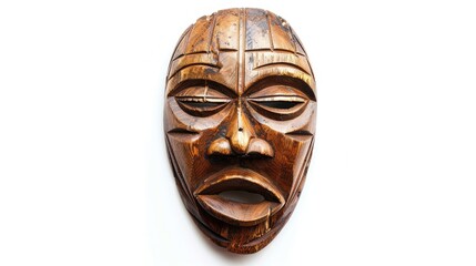 Mask of human face is carved out of wood