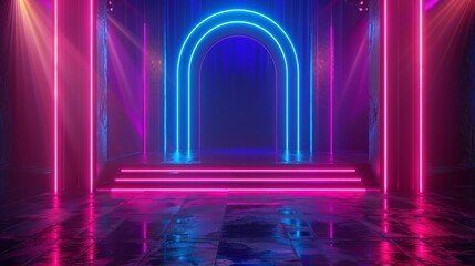 Abstract stage background with realistic and modern neon lights. 3D rendering