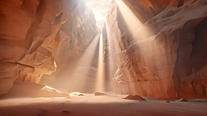 Pushing through a sandstone slot canyon in the American Southwest as the sun passes through dust creating light rays. Background for church service or inspirational video.