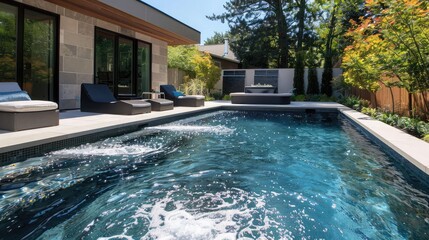 modern backyard pool with sleek design and clear blue water, an oasis of tranquility.