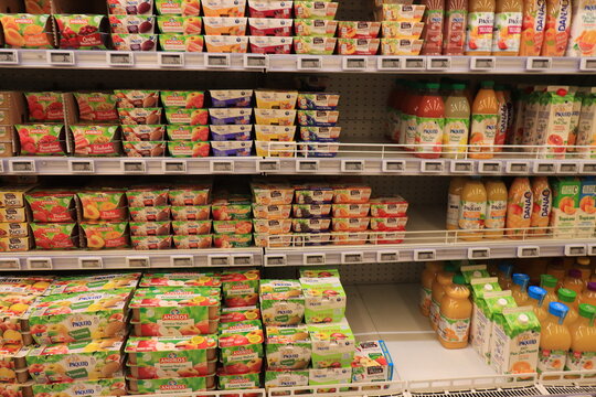 Bourbon-Lancy, France - september 19th 2022: Compote in a supermarket