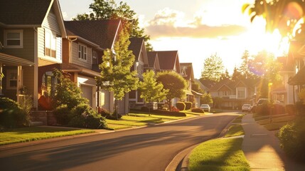Obraz premium quiet suburban street lined with quaint houses and manicured lawns, bathed in golden sunlight.
