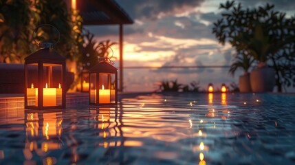 romantic evening by the pool, with candles and lanterns casting a warm glow on the water.
