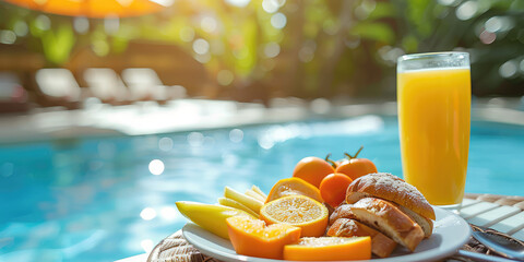 Close-up tray with Breakfast in swimming pool, floating dining table at tropical resort. Fruit plate in calm pool water.
