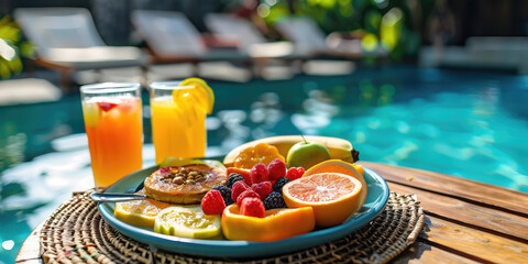 Close-up tray with Breakfast in swimming pool, floating dining table at tropical resort. Fruit plate in calm pool water.
