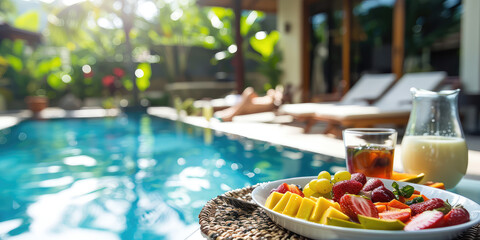 Close-up tray with Breakfast in swimming pool, floating dining table at tropical resort. Fruit plate in calm pool water.