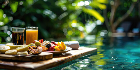 Close-up tray with Breakfast in swimming pool, floating dining table at tropical resort. Fruit plate in calm pool water.