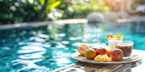 Close-up tray with Breakfast in swimming pool, floating dining table at tropical resort. Fruit plate in calm pool water.