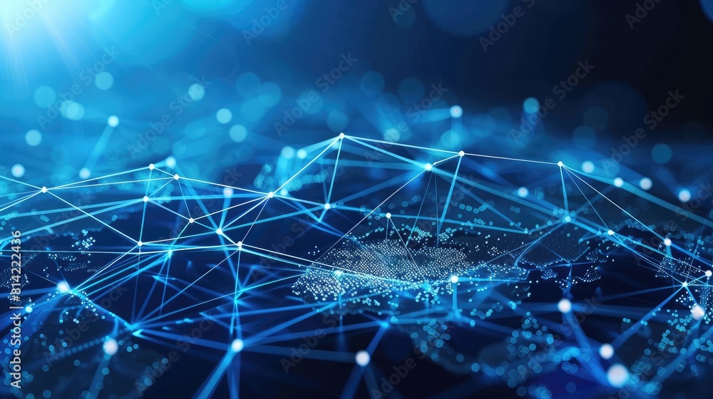 Poster global communication network concept with interconnected nodes and data transfer pathways.