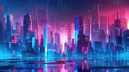 Obraz premium Futuristic cityscape backdrop, ideal for tech companies and innovation-driven ad campaigns.