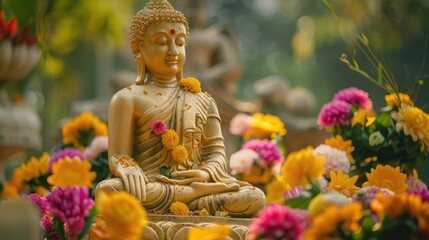 Golden Buddha statue amidst floral offerings, celebrating Asalha Puja, a significant Buddhist observance.