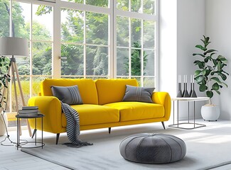 Stylish living room interior with yellow sofa and gray foot stool on white carpet near window stock...