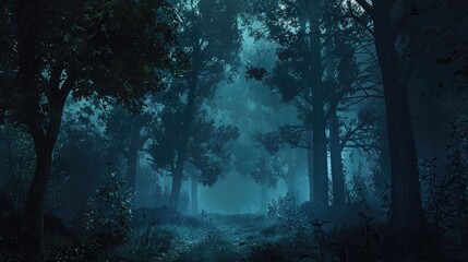 Moody dark forest with misty atmosphere, ideal for mystery novels and suspenseful storytelling