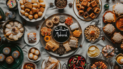 Overhead view of a beautifully decorated Eid al-Fitr spread with sweet treats and savory dishes with "Eid Mubarak" written in elegant calligraphy leaving room for text below