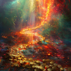 A magical scene of a flowing river of light leading to a pile of glowing coins and treasures.