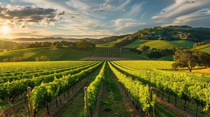 Naklejka premium Picturesque vineyard overlooking a scenic valley, great for wine country tours and vineyard wedding venues.