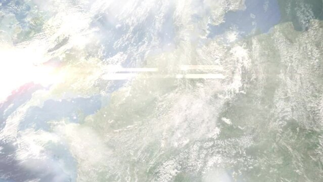 Earth zoom in from space and focus on Hilden, Germany. 3D style animation. Satellite view. Background for travel intro, blog. Images from NASA.