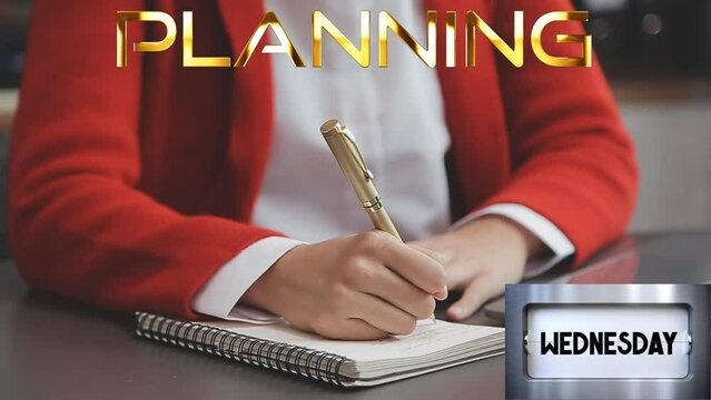 Mujer escribiendo, organiz&aacute;ndose, fijando prioridades, agendando. Calendario mostrando los d&iacute;as de la semana uno tras otro. Palabra Planning titilando.
