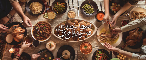 Overhead view of a serene Eid al-Adha community feast with communal dining featuring "Eid al-Adha Gathering" written in elegant calligraphy leaving room for text below