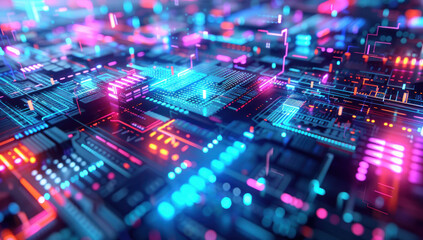 Obraz premium 3d of abstract technology background with circuit board and colorful lights. Futuristic glowing display of ai innovation, microchip processing, and modern computer hardware.