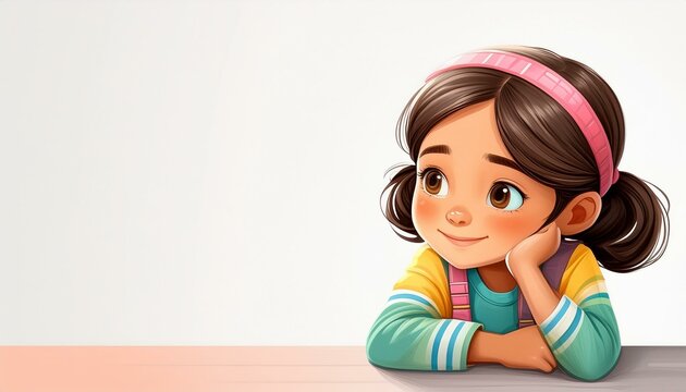 A cute illustrated cartoon character girl sits and daydreams with a far-off look, thinking and dreaming.