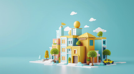 A whimsical representation of a vibrant Mediterranean-style town on floating islands under a clear sky.