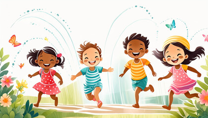 Adorable cute happy and joyful children running and having fun in the sprinkler on a sunny summer day.