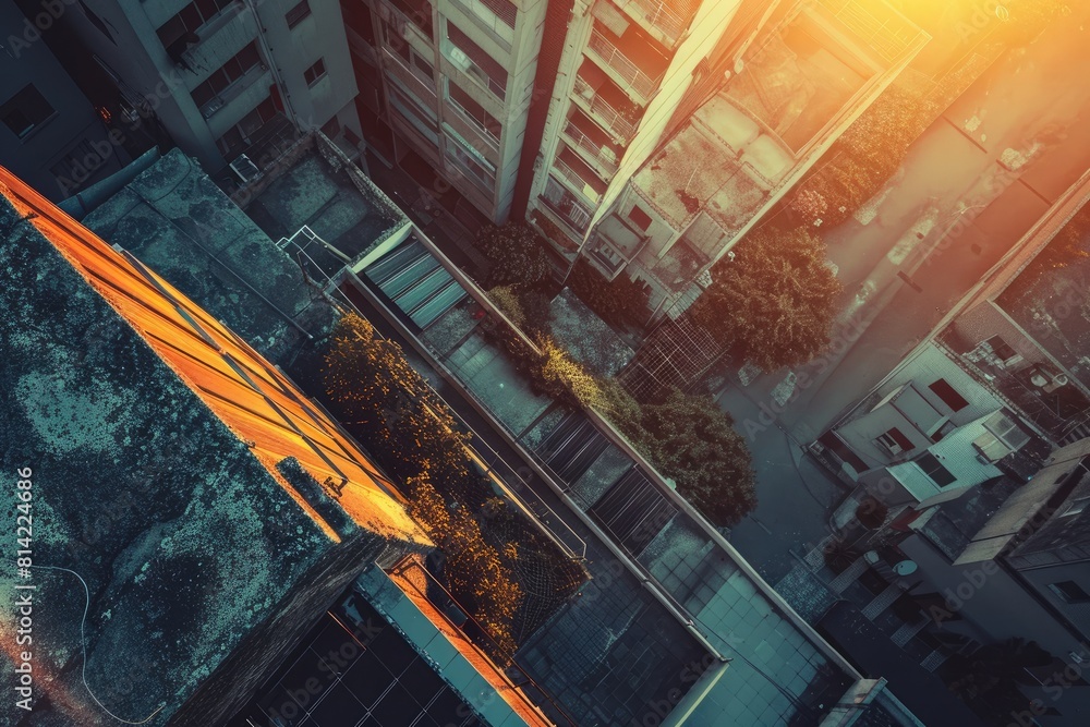 Aufkleber a cityscape with a view of a building with a balcony and a tree. the image has a mood of serenity an