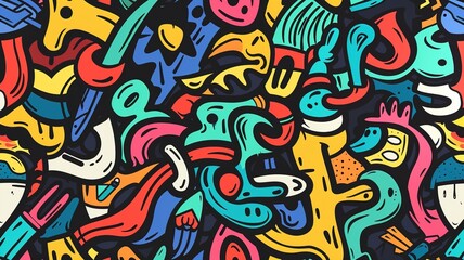 Graffiti seamless pattern with urban lifestyle line icons, Crazy doodle abstract background