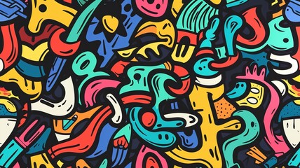 Obraz premium Graffiti seamless pattern with urban lifestyle line icons, Crazy doodle abstract background