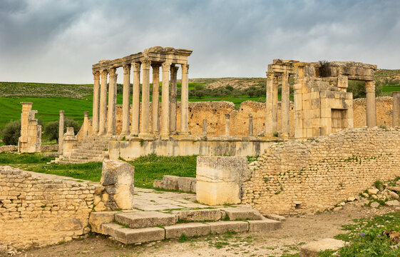 Temple building details of Juno Celestis (Junon Celestis), archaeological site of ancient Roman Dougga, Tunisia