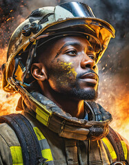 Closeup portrait of black firefighter with smoke and flames in the background.